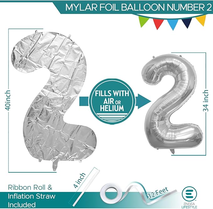 40 Inch Large Silver Number Celebration and Decoration Balloon for Birthday Parties, Graduations, Anniversaries, Weddings, Photo Shoots, Special Events - Helium Foil (Silver Number 2)