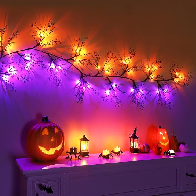 Joyhalo Halloween Garland with Lights Decorations with Pumpkin & Bat Lights,Battery Operated 6FT 46 LED Halloween Willow Vine Twig Garland for Mantle,Wall,Fireplace and Halloween Decorations