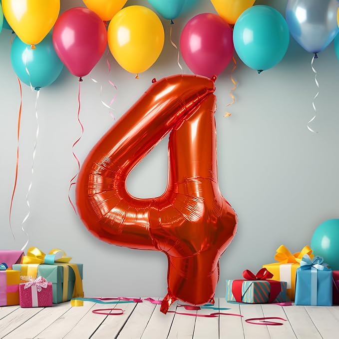 40 Inch Large Red Number Celebration and Decoration Balloon for Birthday Parties, Graduations, Anniversaries, Weddings, Photo Shoots, Special Events - Helium Foil Mylar (Red Number 4)
