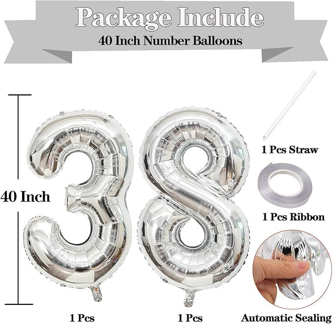 Giant Silver Number 38 Balloons, 40 Inch Jumbo Number 38, Large Foil Mylar Balloons for Girls Women 38th Birthday Party Decorations, 38 Anniversary Events Decorations