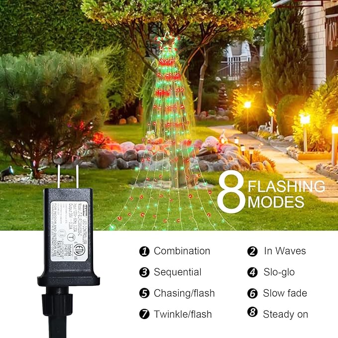 Christmas Decorations Star String Lights, 320 LEDs Outdoor Waterfall Tree Lights with 13" Topper Star, Plug in Waterproof Hanging Fairy Lights for Xmas New Year Holiday Party Yard Decor
