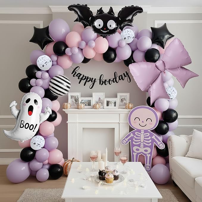 Halloween Little Boo Balloon Arch Kit Pink Purple Balloons with Cute Ghost Balloons Little Boo star bow balloons for Baby Shower Birthday Party Halloween Party Decoration