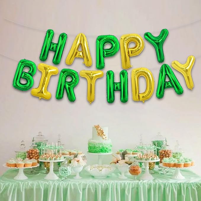 TONIFUL Happy Birthday Balloons Banner 16 Inch Mylar Foil Letters Birthday Sign Reusable for Girls Boys Kids & Adults Birthday Party Decorations Supplies（Green Gold）