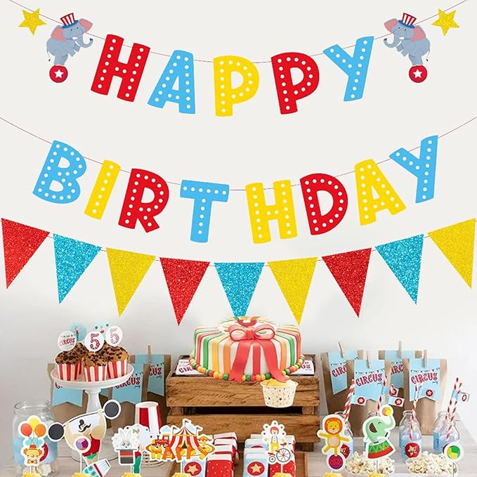 Zwiebeco Red Blue Yellow Carnivals Happy Birthday Party Decoration Banner Triangle Flags Pennant Sign Hanging Paper Garland Bunting for Kids Adults Circus Themed Accessories Supplies