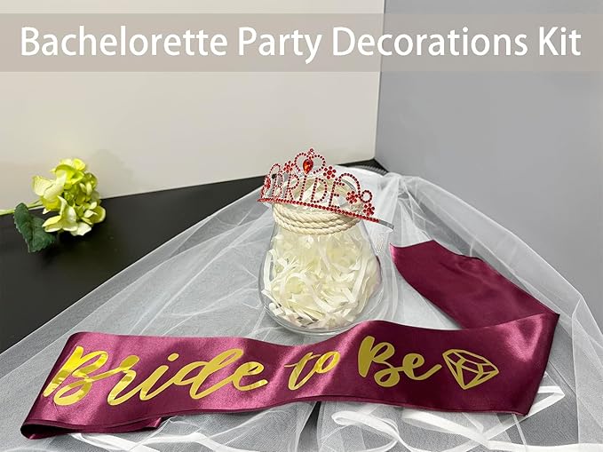 JETKONG 3 Pcs Bachelorette Party Decorations BRIDE Crown, Bride to Be Sash&Veil for Women Bachelorette Party Gifts, Bridal Shower Supplies, Gifts, Favors (Red)
