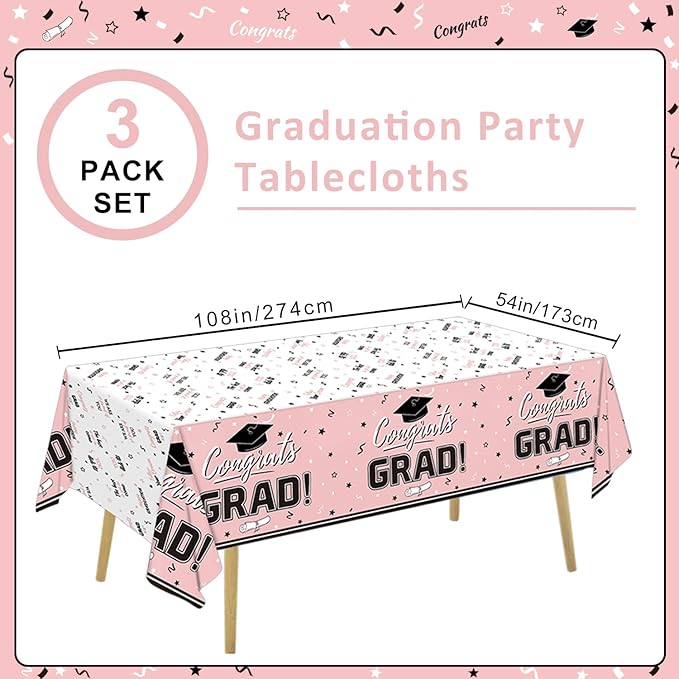 Oigco Graduation Decorations Congrats Grad Graduation Tablecloth for 2026 Graduation Party Supplies, 3 Pcs Pink Plastic Table Cloths, 54"x108"