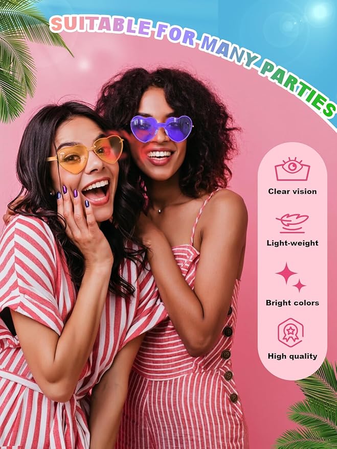 12 Pairs Heart Shaped Sunglasses for Women Colorful Glasses Fun Trendy Transparent Heart Sunglasses Party Favor (Assorted Colors) (Pack of 2)