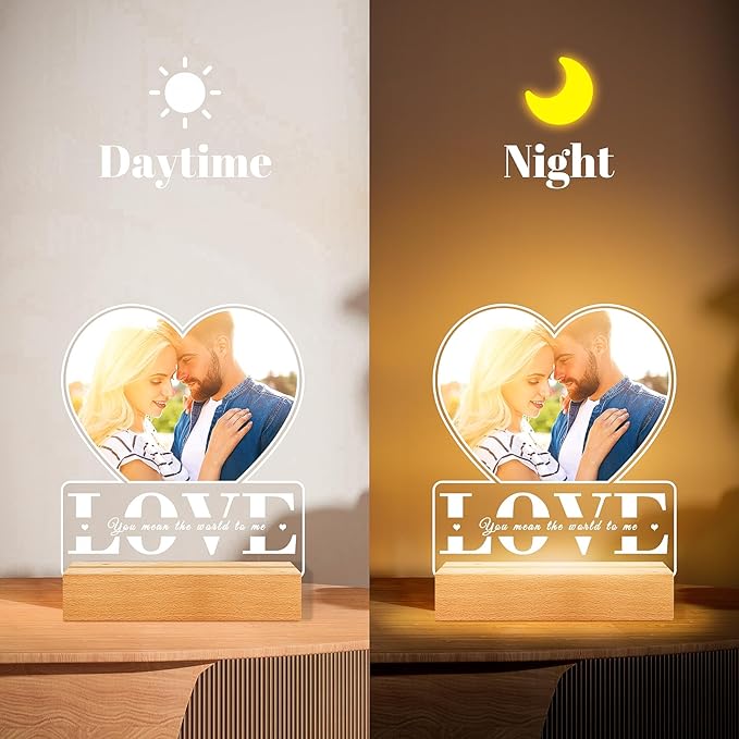 Personalized Picture Frame with Photo, Custom Photo Frame with Night Light, Customized Gifts for Girlfriend Boyfriend, Personalized Anniversary Couple Gifts for Women Men Her Him Wife