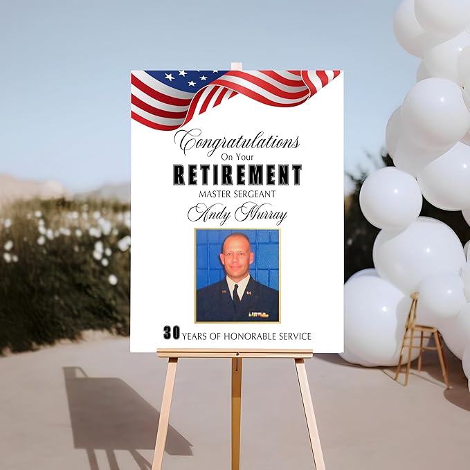 Custom Patriotic Military Retirement Party Welcome Sign - Personalized Army Retirement Celebration Welcome Poster - American Flag Theme Decor - Indoor/Outdoor Use - Multisizes
