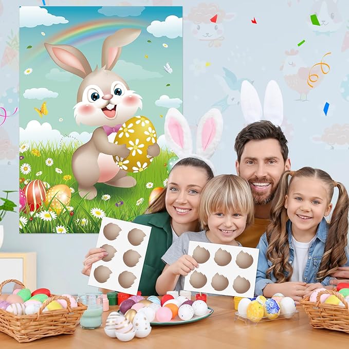 Pin The Tail on The Bunny Game with 36 Tail Stickers Happy Easter Party Game for Kids Easter Egg Hunt Activities, Large Bunny Game Poster for Happy Easter Party Decoration Supplies