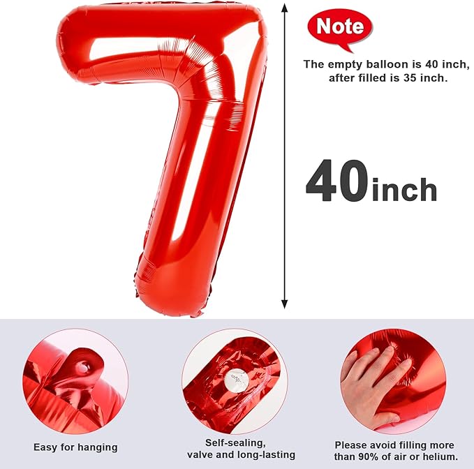 40 Inch Number 7 Balloon, Red Seven Birthday Decor, 7 17 27 70 Year Old Balloon Number for Engagement, Wedding, Graduations
