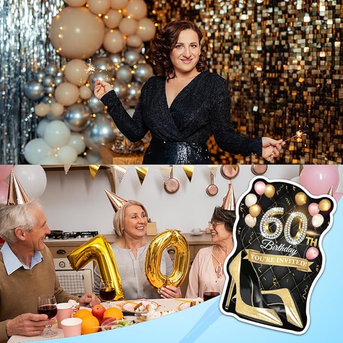 ERHACHAIJIA 20 PCS Pink Balloons & Black Golden High Heels Shaped Fill-In Invitations Cards With Envelopes, Funny 60th Birthday Party Happy 60 Year Old Birthday Invites For Women Lady Wife Mom Adults