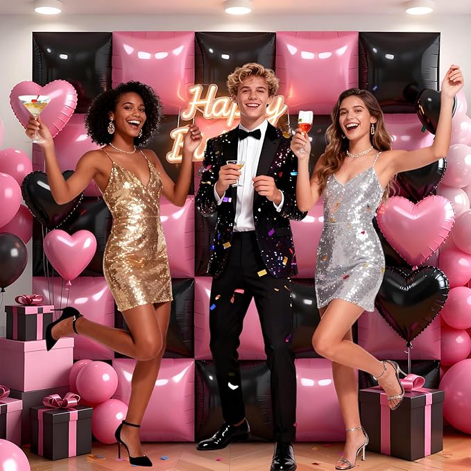 50Pcs Pink and Black Square Foil Balloons Wall Backdrop, Double Sided Metallic Foil Balloons Tunnel Arch Garland Kit for Photo Booth Birthday Wedding Halloween Christmas Party Decorations