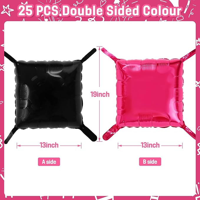 Pink and Black Square Foil Balloons Wall, Double Sided Chrome Hot Pink Black Balloons Tunnel Arch Kit Backdrop for Girl Birthday Party Wedding Engagement DIY Hula Hoop Decorations