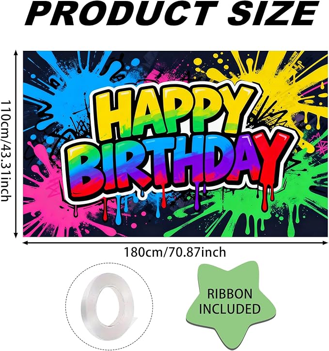 Rainbow Graffiti Splatter Happy Birthday Banner, Large Art Backdrop for Teen Party Indoor Outdoor Decor