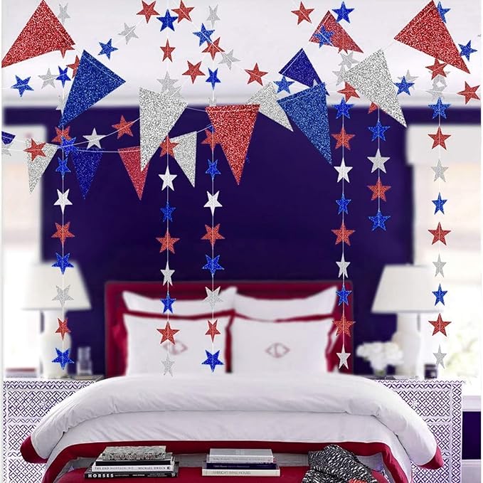 Decor365 4th of July Patriotic Decorations Set Glitter Star Streamers Pennant Bunting Banner Red White Blue Garland for Independence Day Veterans Labor Day Decor Holiday Memorial Day Party Supplies
