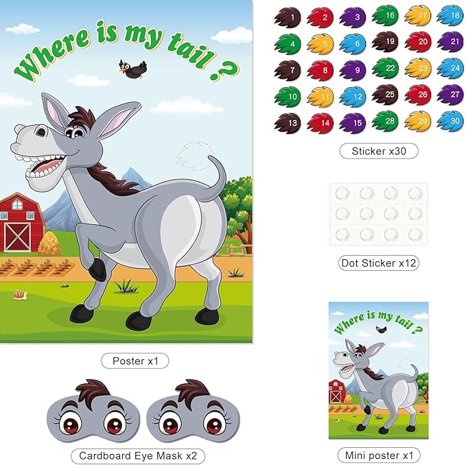 ASTARON Pin The Tail on The Donkey Game with 30 Tail Stickers for Birthday Party Carnival Circus Supplies