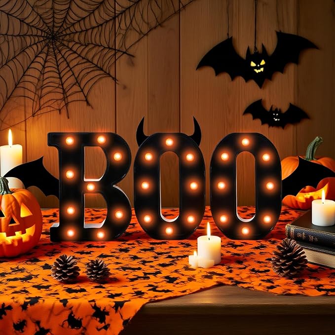 3 Pcs LED Marquee Light Up Letters Black Boo Sign Halloween Decorations Indoor Boo Halloween Lights for Home Kitchen Tabletop Fireplace Party Decoration (Orange)