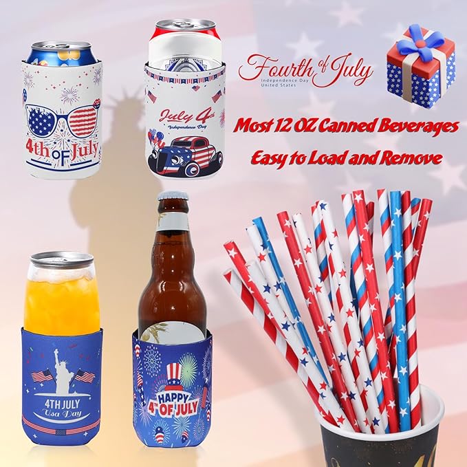 4th of July Decoration Can Cooler Sleeves, 12 Pcs Independence Day Can Party Supplies USA Flag Insulated Collapsible 4th of July Cooler Sleeves for Patriotic Memorial Day (Blue and White)