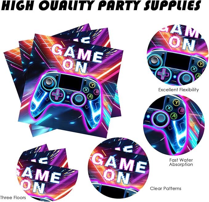 194 Pcs Video Game Party Supplies Serve 24, Includes Game On Neon Themed Tableware, Plates, Napkins, Banner & Tablecloth, Ideal for Gamer Birthday Party Decoration