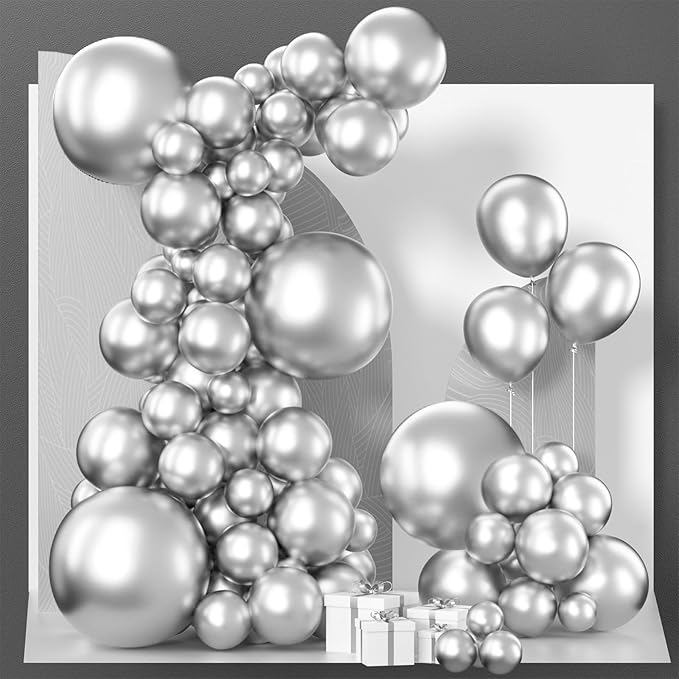 PartyWoo Silver Balloons 152 pcs Different Sizes of 18 12 10 5 Inch Silver Balloon Arch Kit Garland for Birthday Graduation Bachelorette Engagement Bridal Shower Wedding Party Decorations Silver-G102
