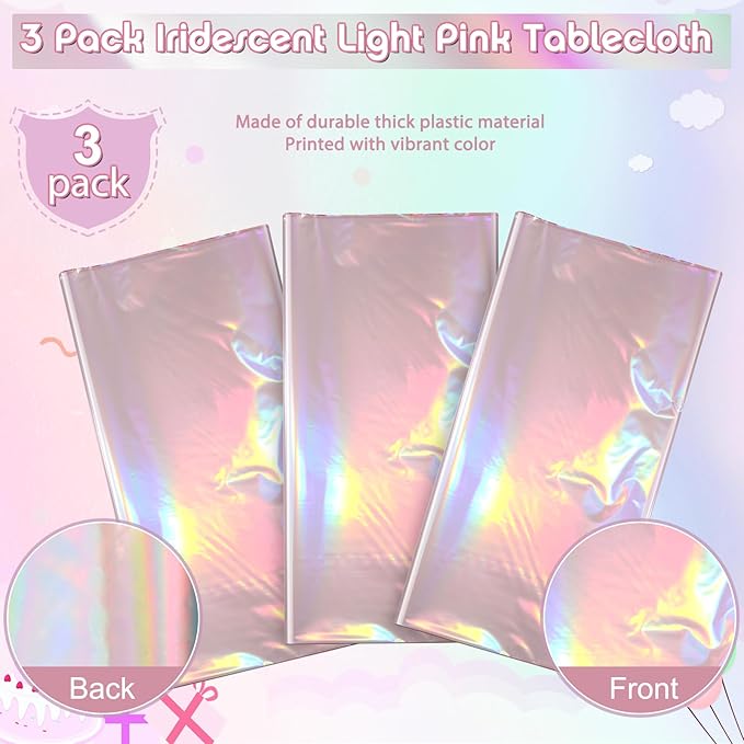 3 Pack Iridescent Light Pink Tablecloth for Parties, Pastel Pink Holographic Plastic Table Cover, Disposable Laser Baby Pink Table Cloth for Birthday Wedding Baby Shower Party Decorations, 54x108 Inch