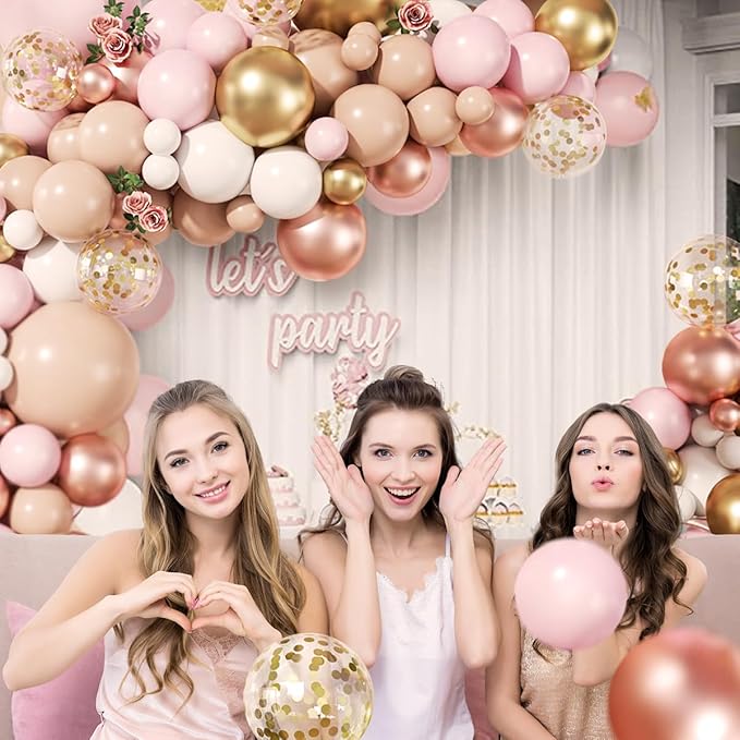 Rose Gold Balloon Arch Kit, 147Pcs Metallic Gold White Pastel Nude Pink and Rose Gold Balloons Garland with Confetti for Wedding Bridal Baby Shower Princess Girl Birthday Party Decorations