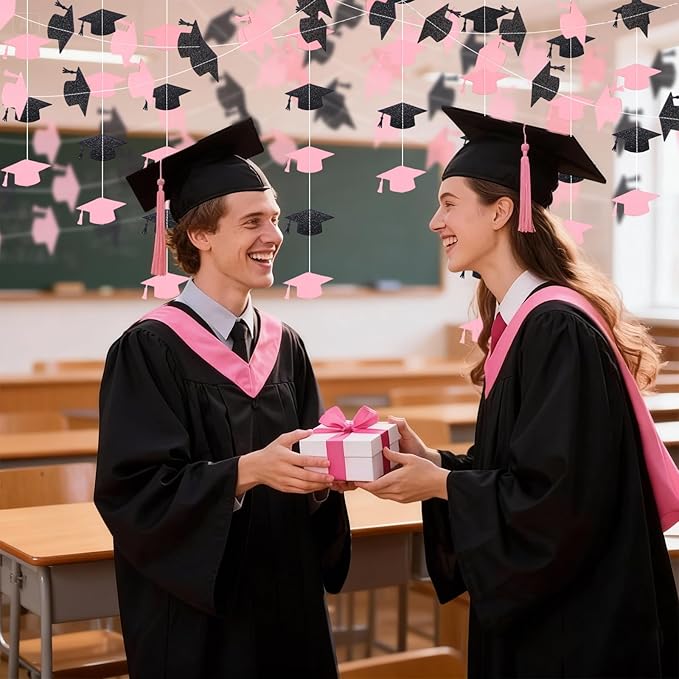 Black and Pink Graduation Garland Graduation Party Decorations Class of 2026 Grad Cap Garland Banner Streamers for Grad Party Hanging Decorations 39Feet