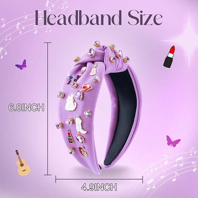Music Headbands for Women, Singer Fans Valentines Day Gifts, Guitar Red Lip Rhinestone Wide Jeweled Knotted Headband, Crystal Beaded Jeweled Headband Hair Accessories Concert Birthday Gift (Purple)