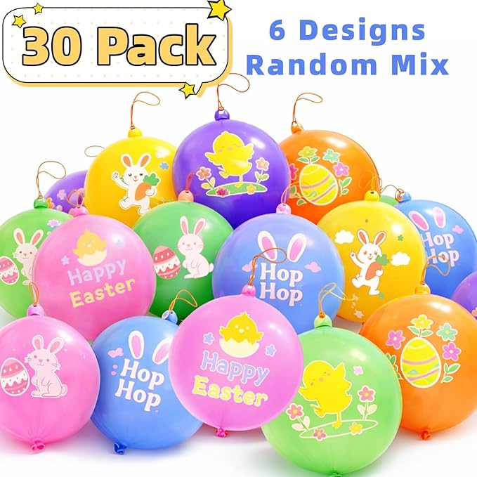 Sean's Choice 30Pcs Easter Punch Balloons, Thickened Latex Punching Balloon Heavy Duty Party Favors for Kids, Bouncy Balls Easter Basket Stuffers