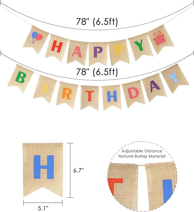 HUIHUANG Rainbow Birthday Banner Set - 2pcs Happy Birthday Banners - 15 Flags - 5" x 78" - Burlap Material - Perfect for Birthday Parties