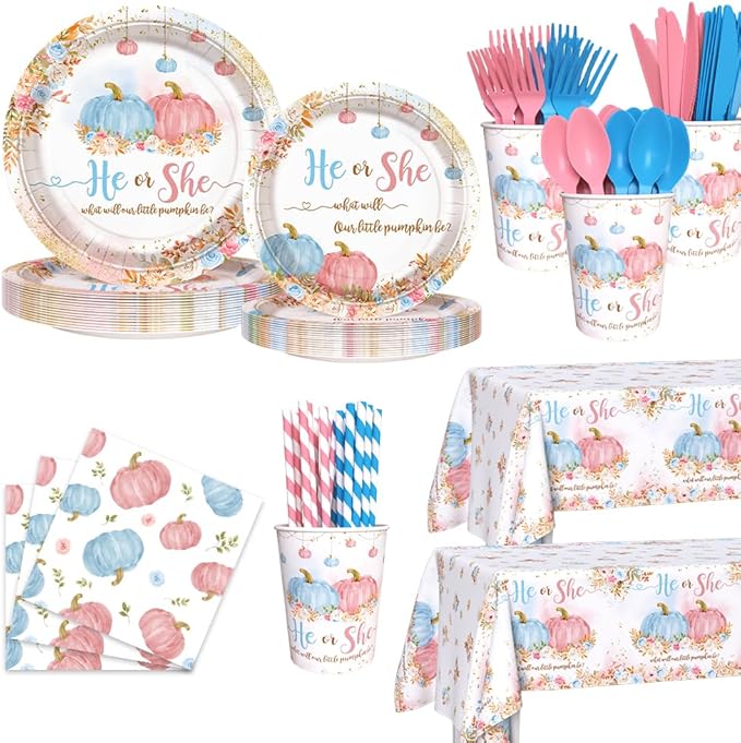 194 PCS Pumpkin Gender Reveal Decorations Pumpkin Paper Plates Cups and Napkins Sets He or She Baby Gender Reveal Party Supplies Disposable Tableware Set with Tablecloth Serves 24 Guests