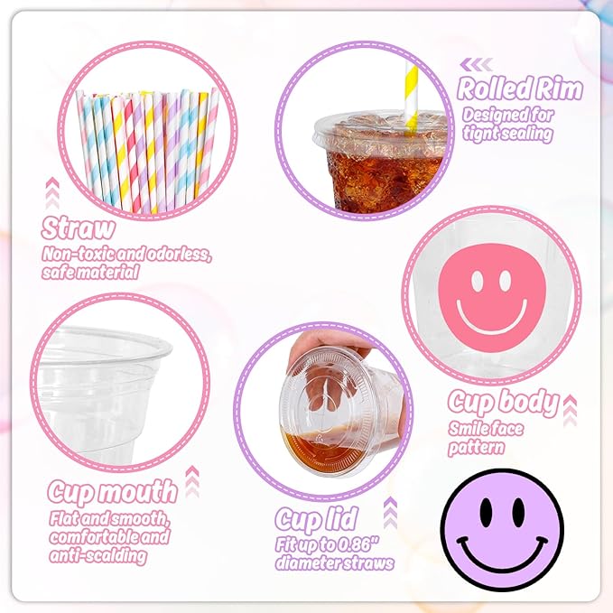 Whaline 60Pcs Smile Face Disposable Plastic Cups with Lids and Straws 12oz Pastel Preppy Smile Pattern Cold Beverage Drinking Cup for First Birthday Baby Shower Wedding