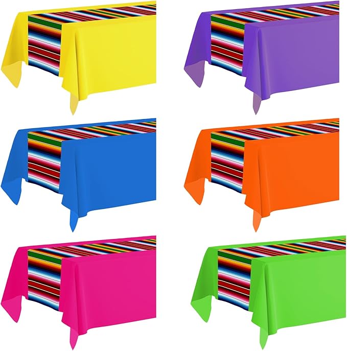 6 Pack Mexican Party Decorations Tablecloths - 108 x 54 Inch Large Fiesta Tablecloth for Cinco de Mayo, Taco Twosday Birthday Party Supplies - 6 Colors