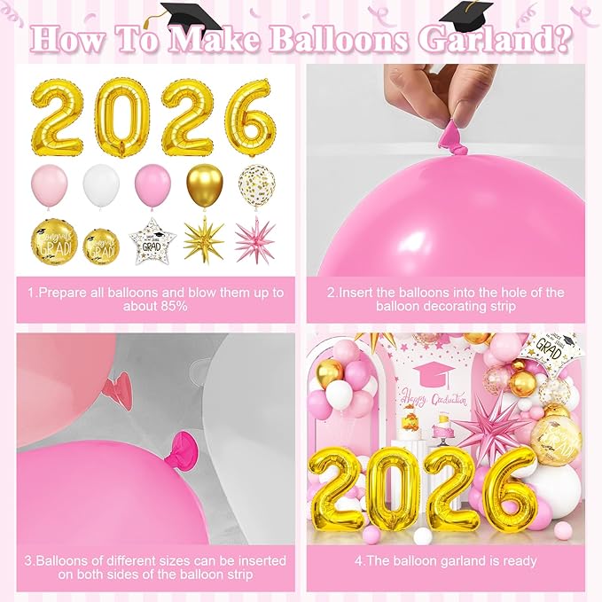 Pink White Gold Balloon Arch Kit, Graduation Balloons Garland, 2026 Graduation Decorations Pink Gold and White Balloons with Foil Star Balloon for Class of 2026 ollege High School Party Decor