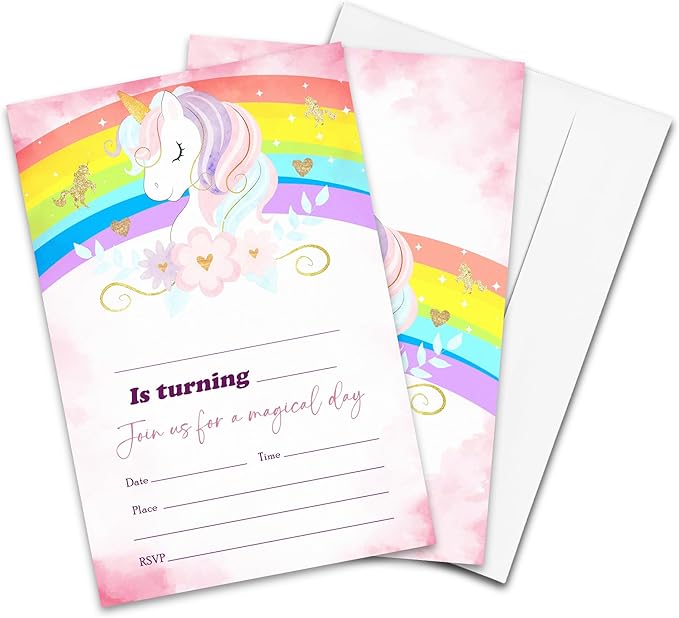 Rainbow Magical Unicorn Birthday Party Invitations - 20-Pack of 4''x6'' Invite Cards with Envelopes, Double-Sided Fill In Birthday Party Celebrate Supplies & Decoration For Girls - A07