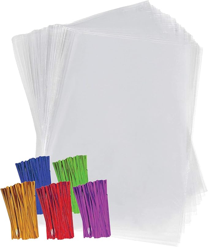Purple Q Crafts Clear Plastic Cellophane Bags with 4" Colored Twist Ties for Gifts Party Favors (9"x12" 50 Pack)
