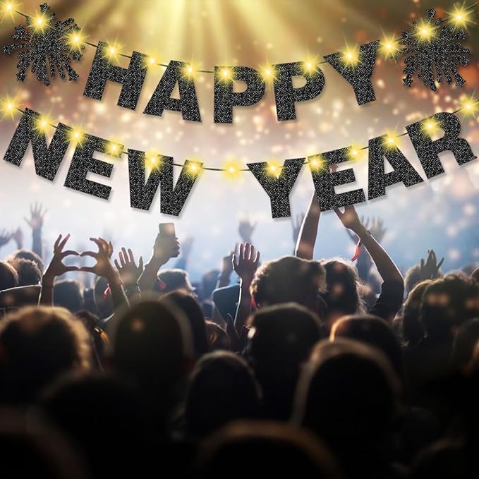 Light Up Happy New Year Banner Black Glitter for New Years Eve Party Decorations Happy NYE Party Home Office Decorations