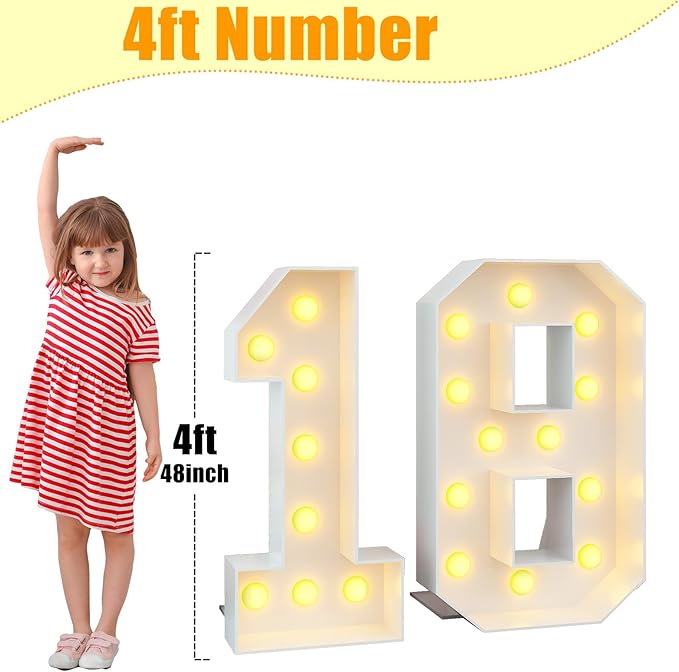 4ft Light Up Numbers 18 Large Numbers with Lights Bulbs White Marquee Frame for 18th Party Boys Girls Birthday Decorations Pre-Cut Mosaic Cardboard Giant Cut-Out Thick Foam Board Sign Anniversary