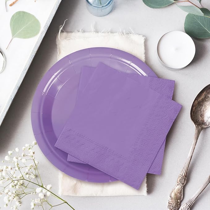 Whaline 100Pcs Lavender Tableware Set Graduation Light Purple Disposable Dinnerware Set 50Pcs Paper Plates 25Pcs Napkin 25Pcs Cups for School Wedding Birthday Bride Shower Party Supplies Table Decor