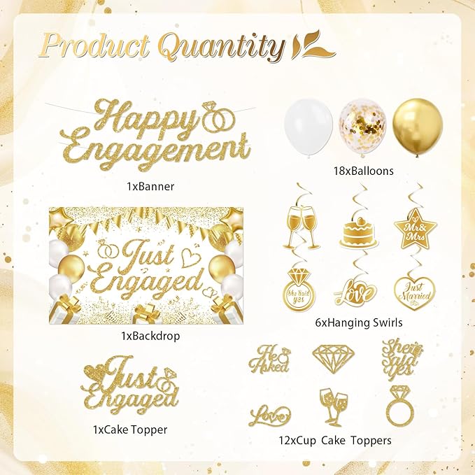 Engagement Party Decorations - Just Engaged Decorations Happy Engagement Banner Backdrop Balloons Hanging Swirls for Congratulations Wedding Bachelorette Party Decorations (White-Gold)
