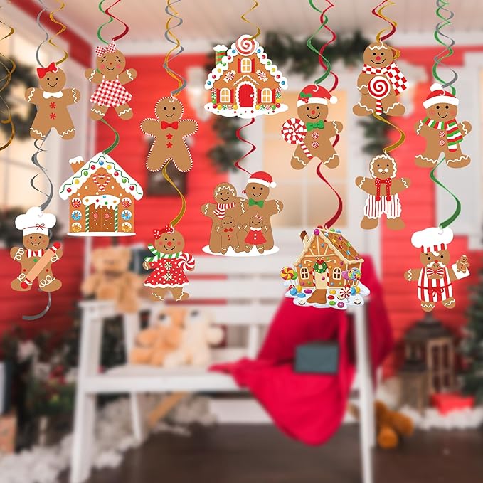 30pcs Gingerbread Party Decorations Hanging Swirls Christmas Gingerbread Streamers Decor for Christmas Birthday Party Supplies