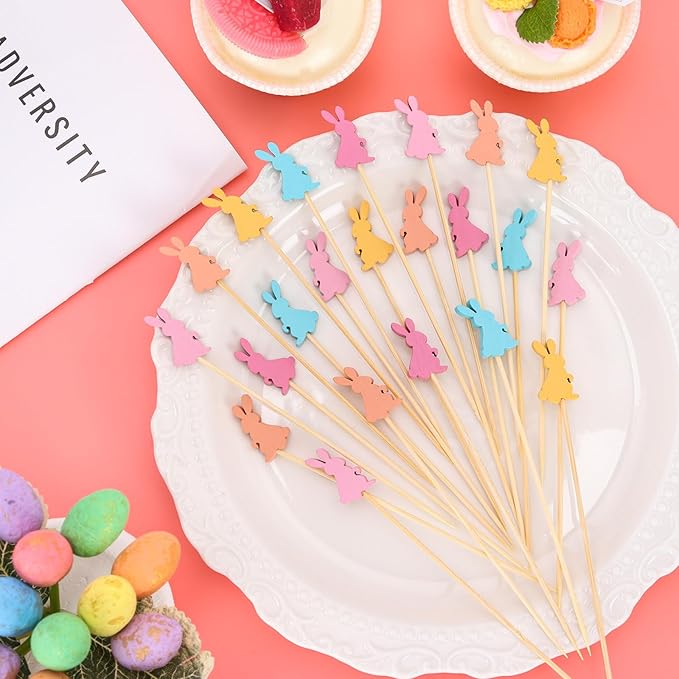 100 Pcs Easter Toothpicks, 4.72 Inch Easter Cocktail Picks for Appetizers, Long Bamboo Toothpicks, Decorative Toothpicks Skewers for Holiday Birthday Party Decorations (Easter Rabbits)