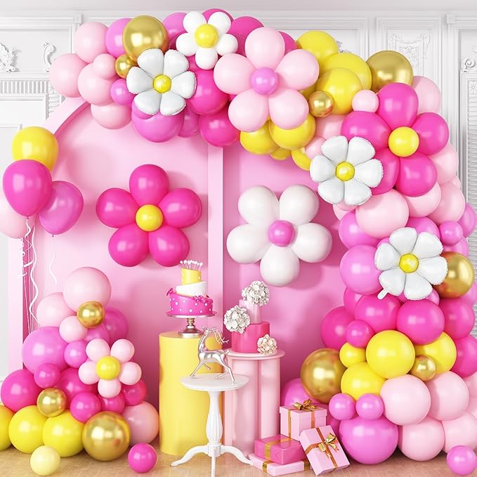 Yellow Pink Balloon Garland, Daisy Balloon Arch with Metallic Gold Party Flower Balloons For Birthday Baby Shower Wedding Groovy Theme Decorations