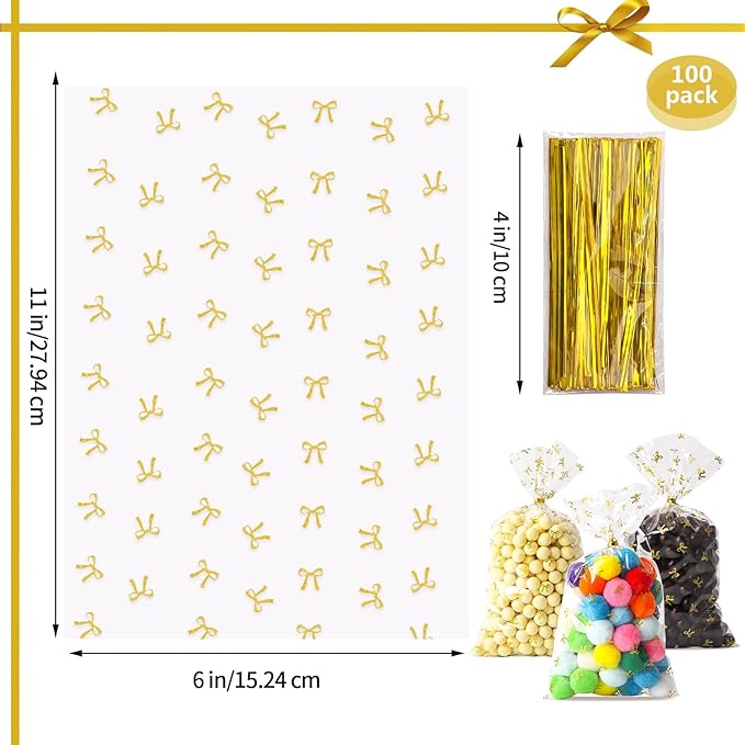 SOMIOCO Bow Clear Gift Bags, 100 PCS 6x11 In Gold Cellophane Treat Bags with Twist Ties for Goodies,Gifts,Candy Cookies,Birthday Party Favors packaging
