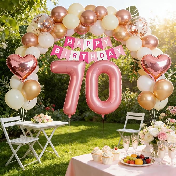 70th Birthday Decorations for Women, Rose Gold and Pink Party Supplies Set with Happy 70th Banner, Number 70 Balloon and Foil Fringe Curtains, 70 Year Old Kit