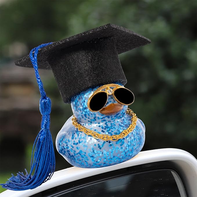 wonuu Car Dashboard Decor Graduation Hat Color Rubber Duck, Car Ducks Ornaments with Mini Graduation Hat Necklace Sunglasses (Dark Blue)