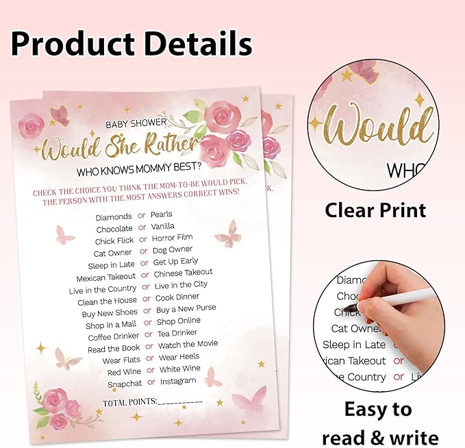HOMANGA Baby Shower Games for Girl, 4 Fun Games for 25 Guests, Pink Floral Baby Shower Decorations, Who Knows Mommy Best, Guess Who Mommy or Daddy, Word Scramble, Babies Descriptions & Well Wishes