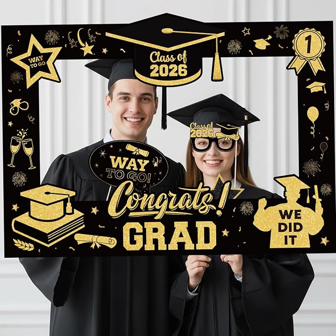 Black and Gold Graduation Decorations 2026 18Pcs, Graduation Photo Props Set with 27x19 Inch Photo Booth Frame and 17 Handheld Signs for Graduation Party Supplies Class of 2026