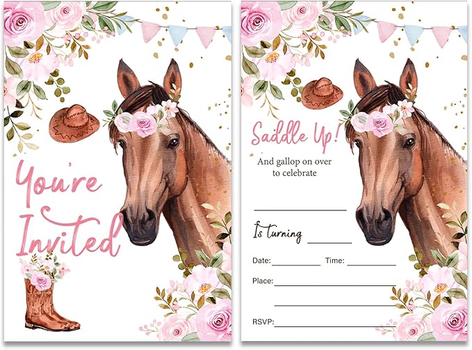 Soiceu Floral Horse Birthday Party Invitations with Envelopes Set of 20 Girl Saddle Up Watercolor Cowgirl Horse Invitations Invites Fill in Blank